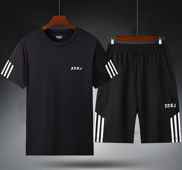 Men's black sports tracksuit - short sleeve t-shirt and shorts set on hanger