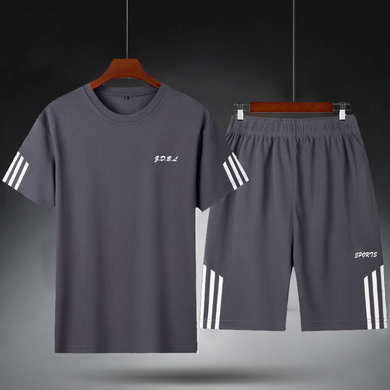Men's gray sports tracksuit - short sleeve t-shirt and shorts set on hanger