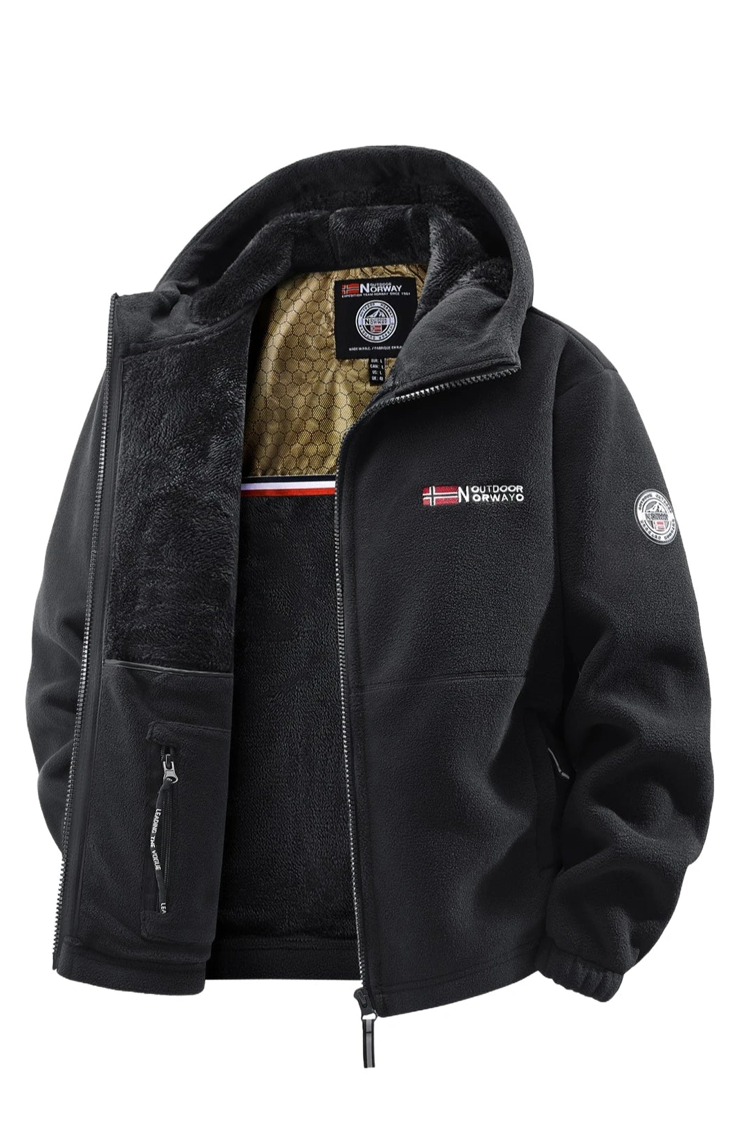 Men's fleece-lined hooded jacket in black, full-zip closure