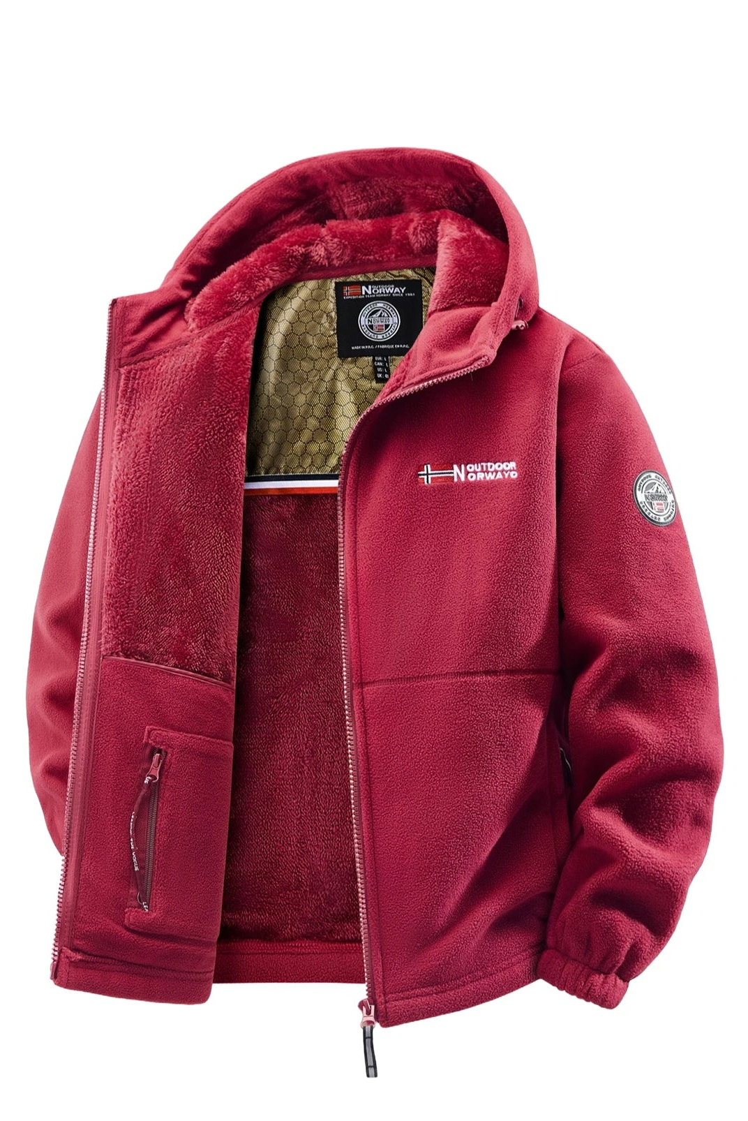 Men's fleece-lined hooded jacket in gray, full-zip closure