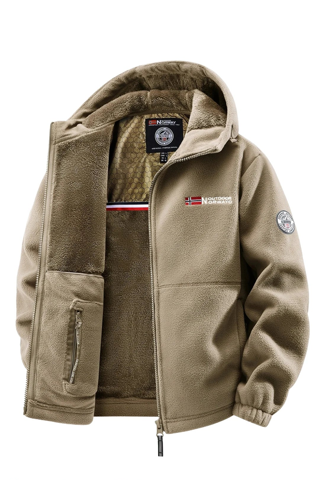 Men's fleece-lined hooded jacket in khaki, full-zip closure