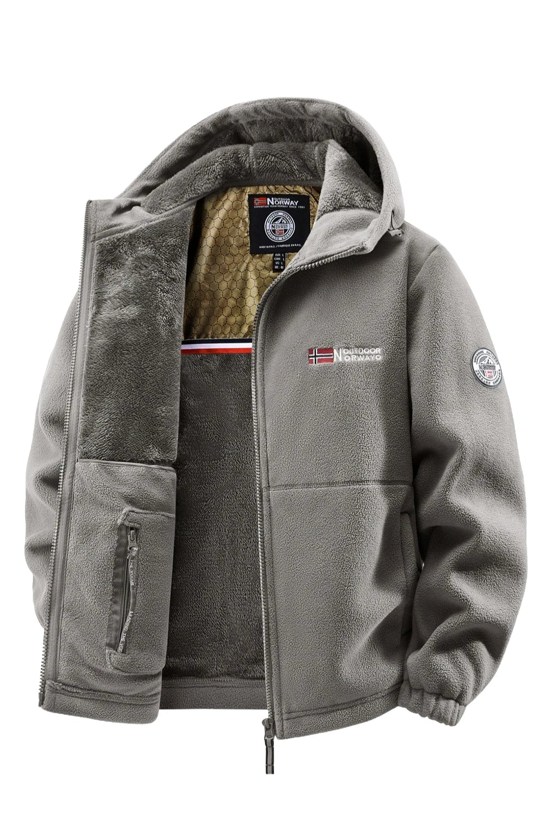Men's fleece-lined hooded jacket in navy blue, full-zip closure