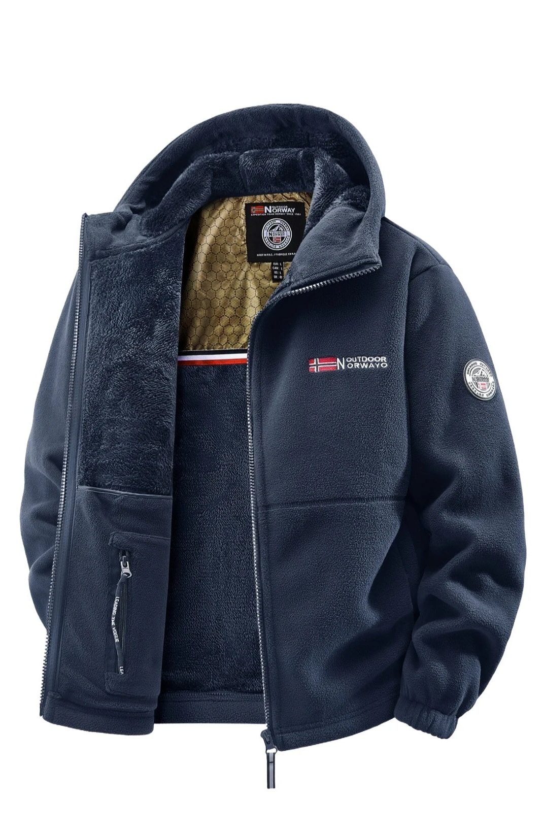 Men's fleece-lined hooded jacket in red, full-zip closure