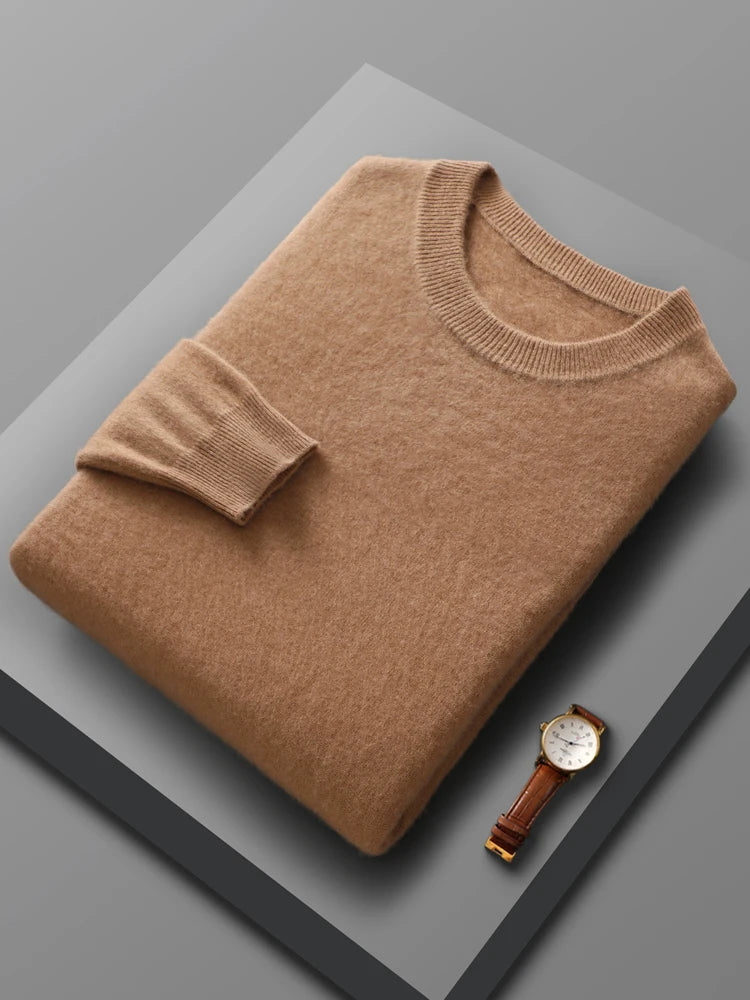 Men's merino wool crew neck sweater in camel, folded flat lay