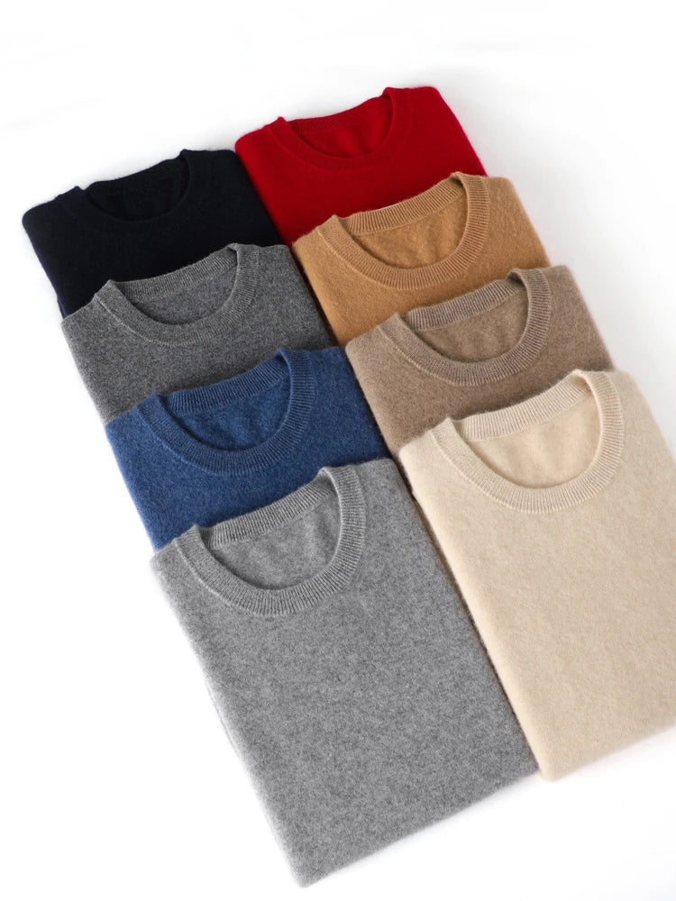 Men's merino wool crew neck sweater, folded flat lay