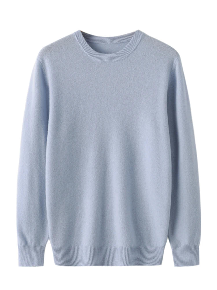 Men's merino wool crew neck sweater, folded flat lay