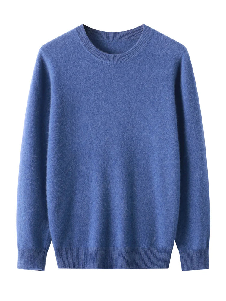 Men's merino wool crew neck sweater, folded flat lay