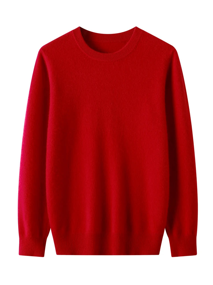 Men's merino wool crew neck sweater, folded flat lay
