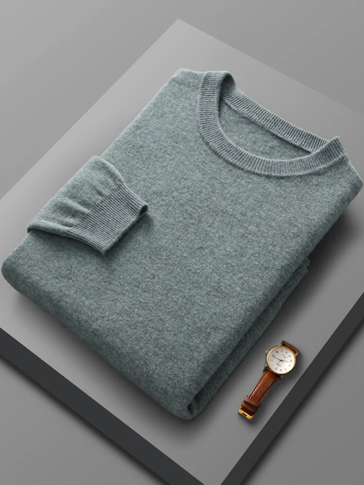 Men's merino wool crew neck sweater, folded flat lay