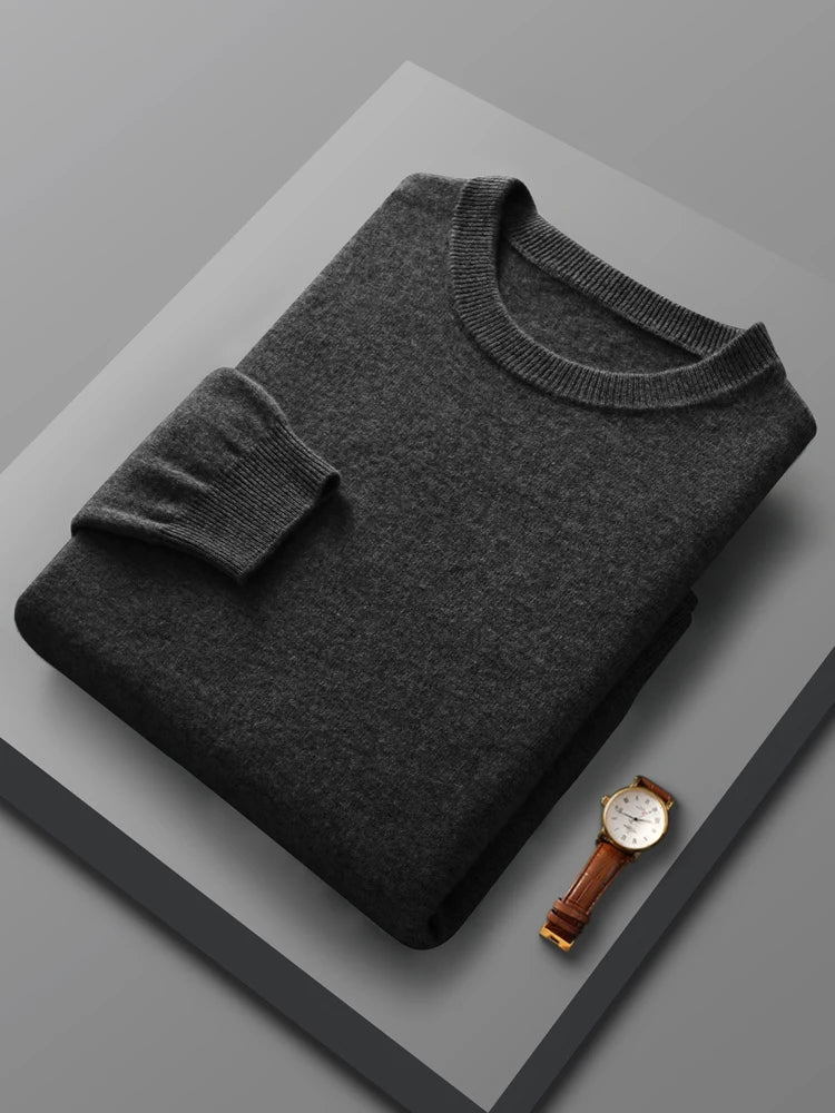 Men's merino wool crew neck sweater, folded flat lay