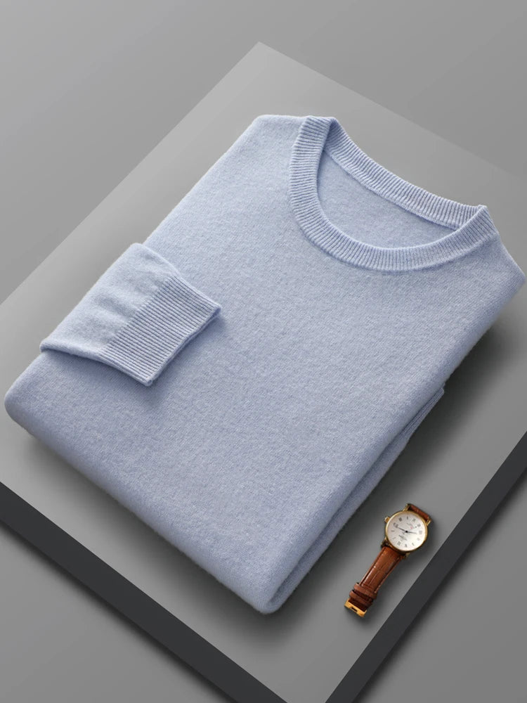 Men's merino wool crew neck sweater, folded flat lay