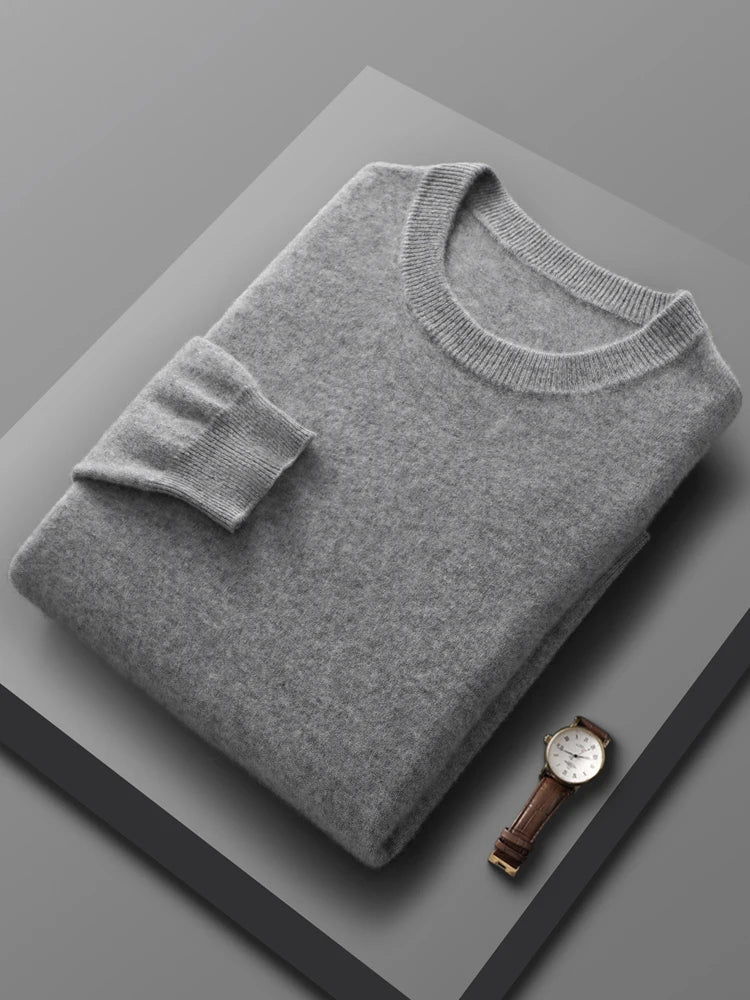 Men's merino wool crew neck sweater, folded flat lay