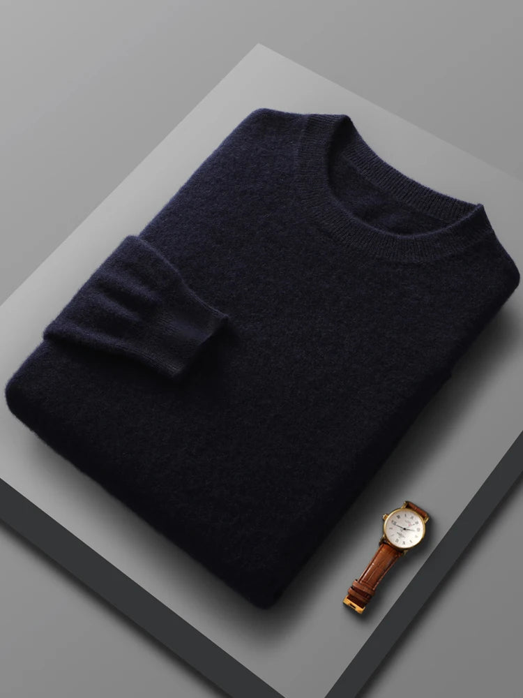 Men's merino wool crew neck sweater, folded flat lay