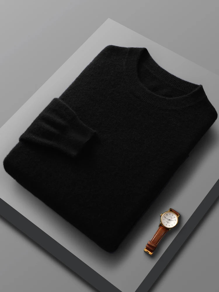 Men's merino wool crew neck sweater, close-up of ribbed crew neckline