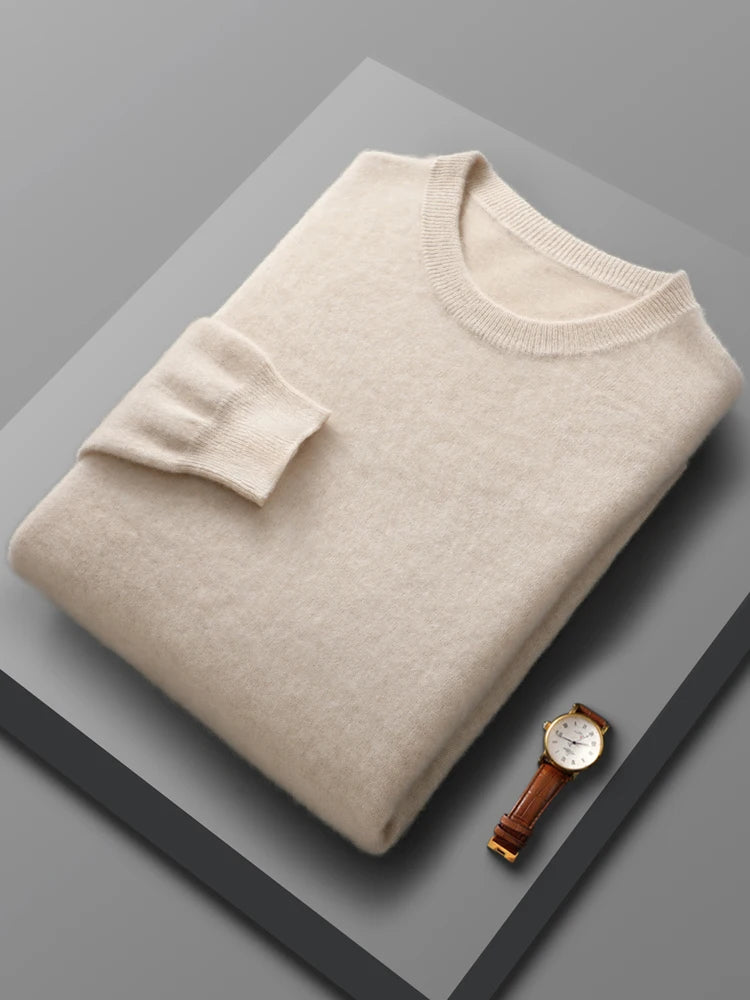 Men's merino wool crew neck sweater, close-up of ribbed crew neckline