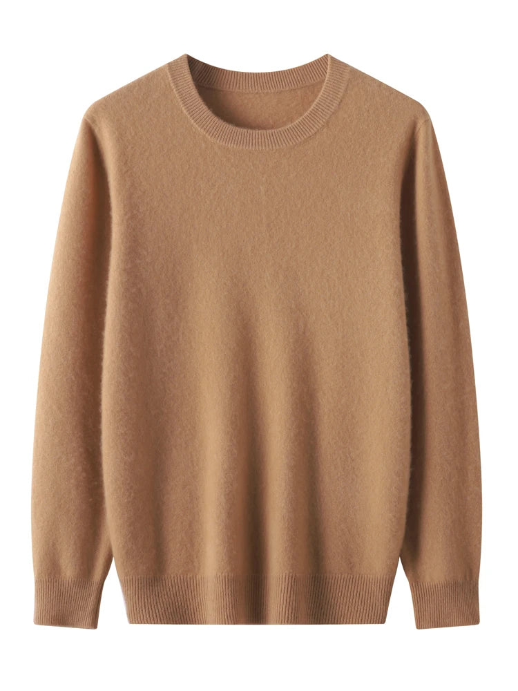 Men's merino wool crew neck sweater, close-up of ribbed crew neckline