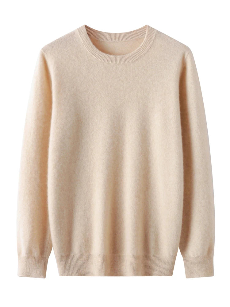 Men's merino wool crew neck sweater, close-up of ribbed crew neckline