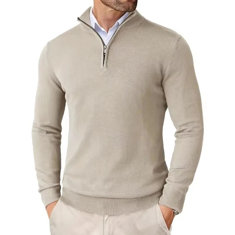 Pull camionneur homme en maille, beige, vue de face avec col montant