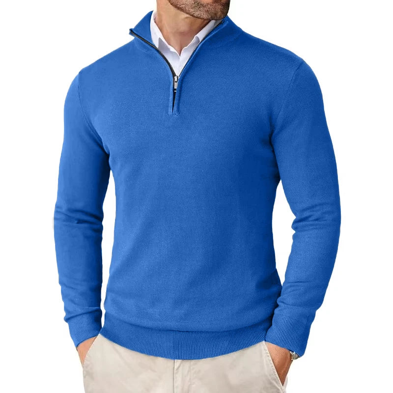 Pull camionneur homme en maille, bleu, vue de face avec col montant