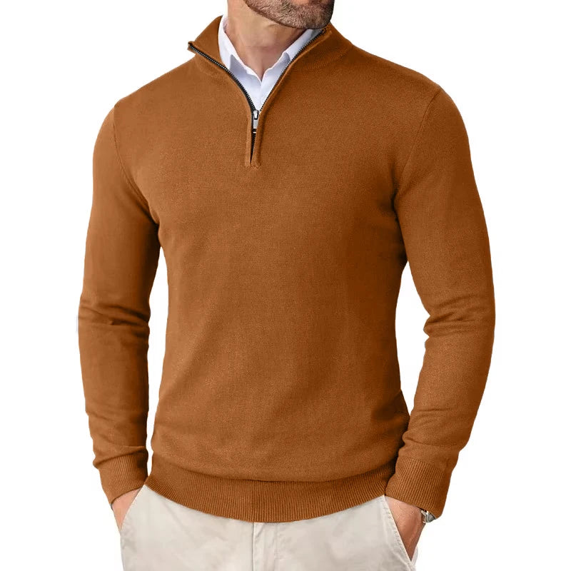 Pull camionneur homme en maille, marron, vue de face avec col montant