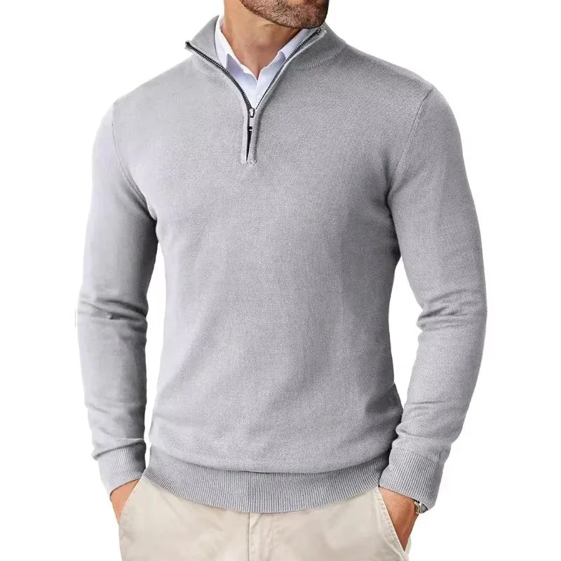 Pull camionneur homme en maille, gris clair, vue de face avec col montant