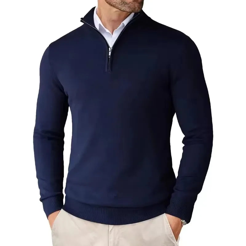 Pull camionneur homme en maille, bleu marine, vue de face avec col montant