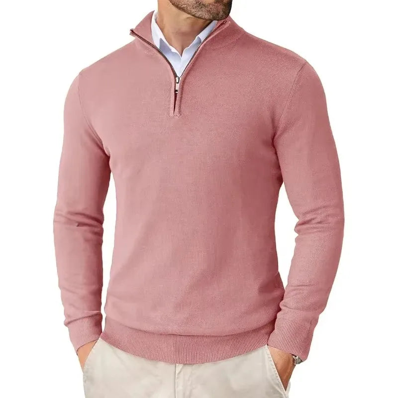 Pull camionneur homme en maille, rose, vue de face avec col montant