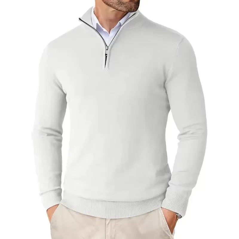 Pull camionneur homme en maille, blanc, vue de face avec col montant