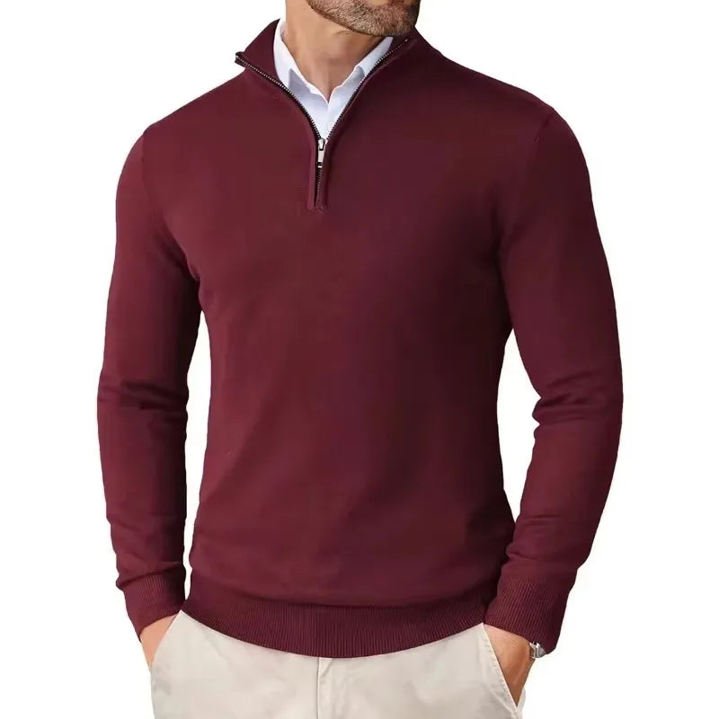Pull camionneur homme en maille, bordeaux, vue de face avec col montant