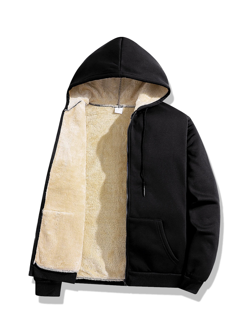 Men's Sherpa Lined Hooded Jacket - Black, open with sherpa lining