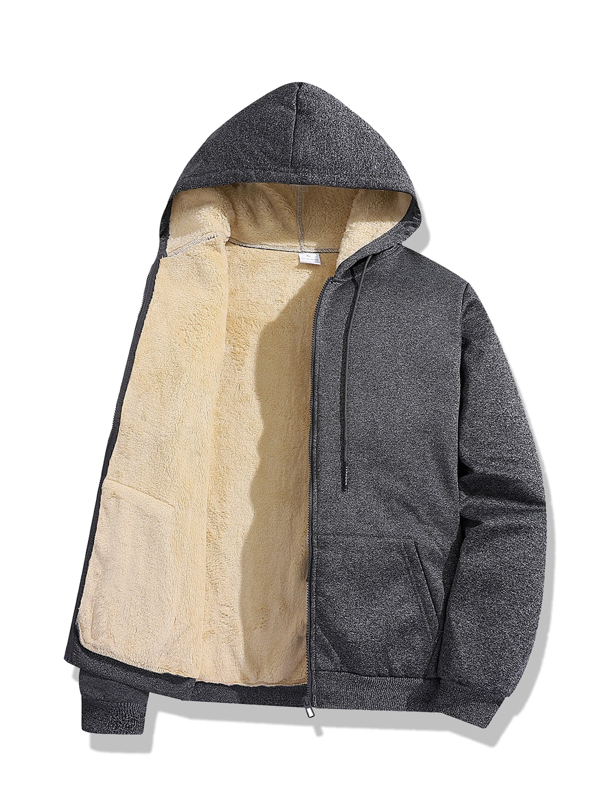 Men's Sherpa Lined Hooded Jacket - Dark Gray, open with sherpa lining