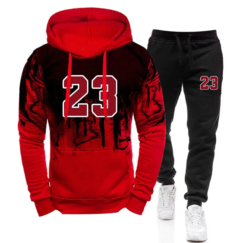 Men's graphic tracksuit full set in red, hoodie and joggers