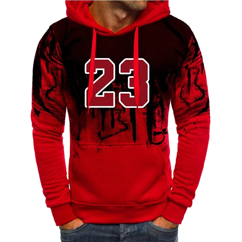 Men's graphic pullover hoodie in red, close-up