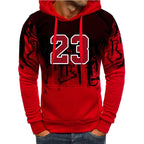 Men's graphic pullover hoodie in red, close-up
