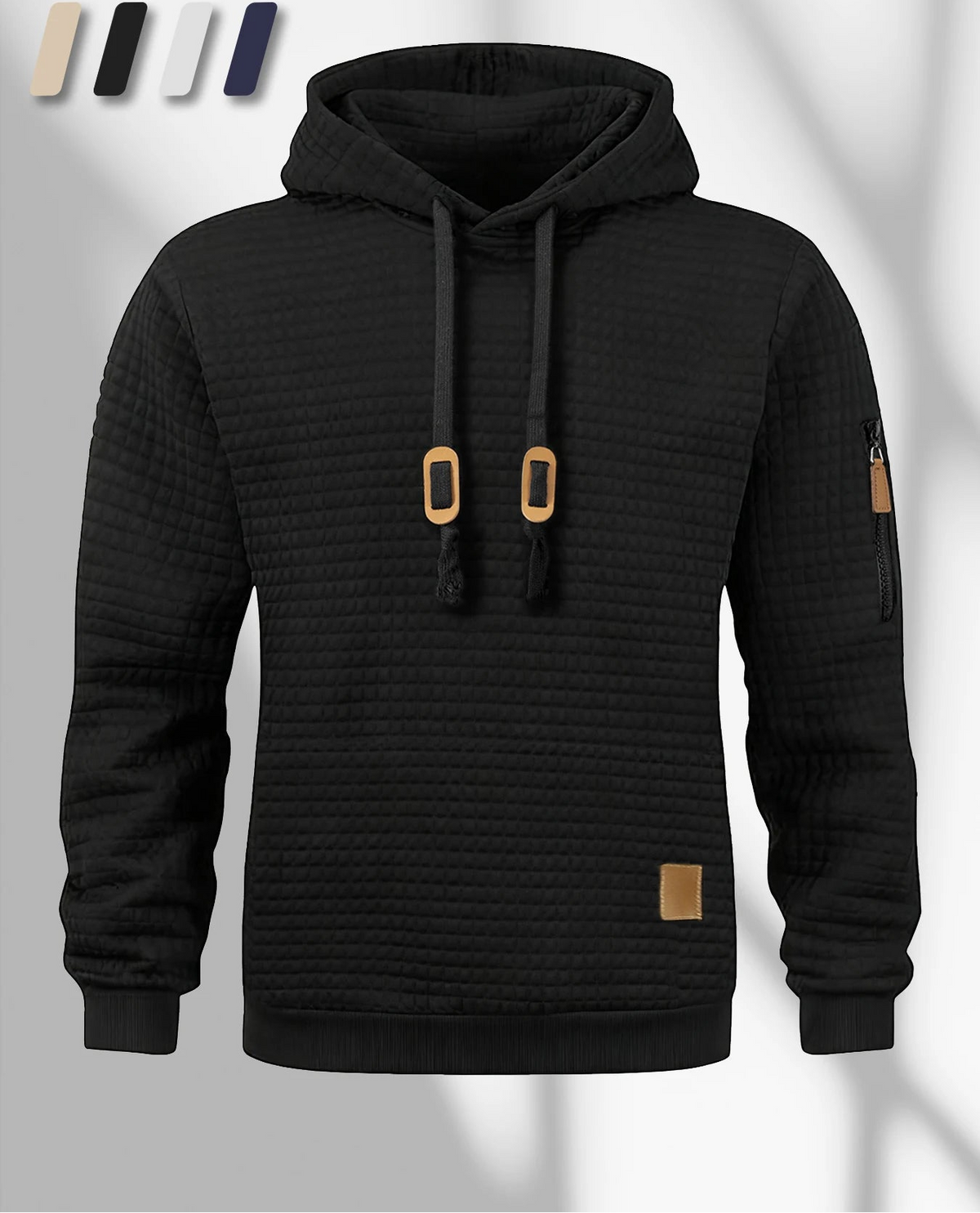 Men's waffle knit pullover hoodie in black, front view