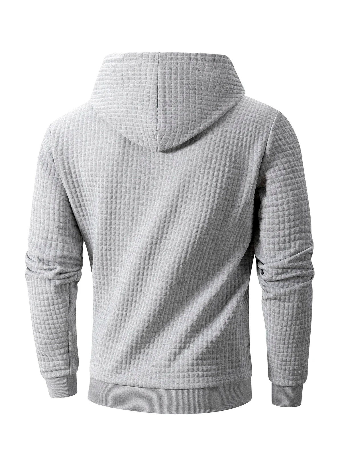 Men's waffle knit pullover hoodie in grey, back view showing raglan sleeves and hood