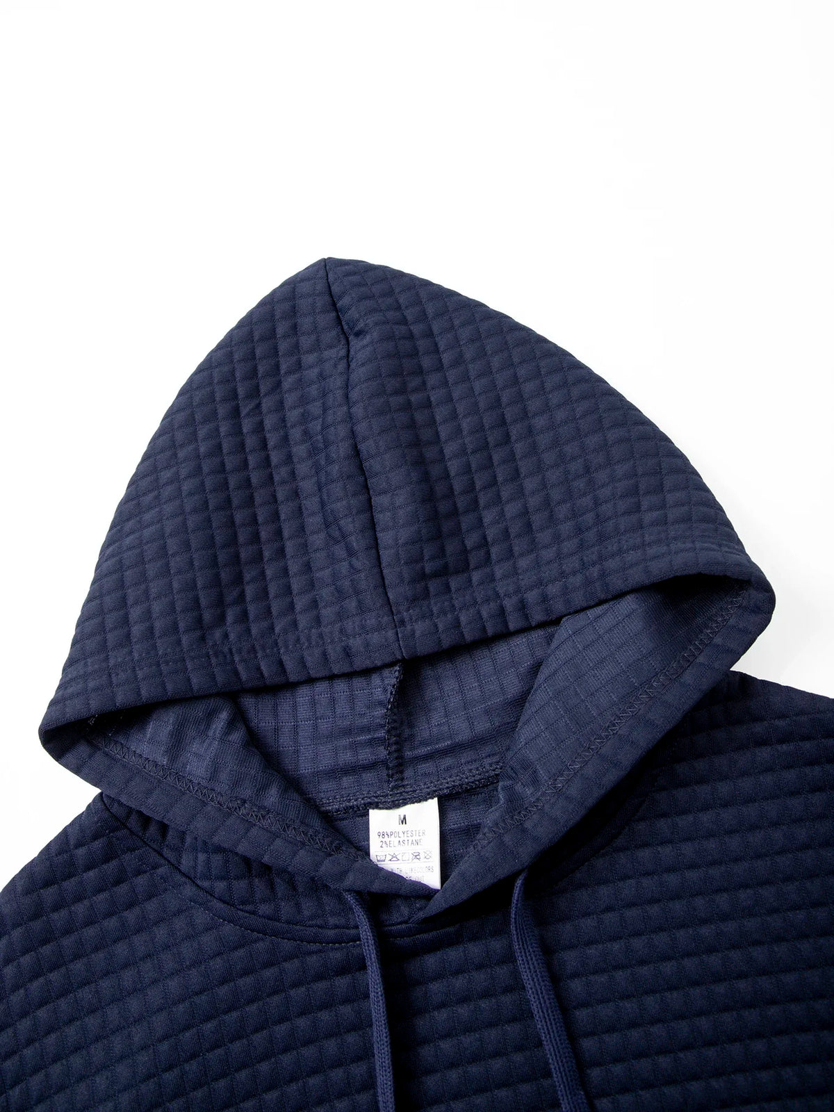 Men's waffle knit pullover hoodie in navy, close-up of hood and drawstring