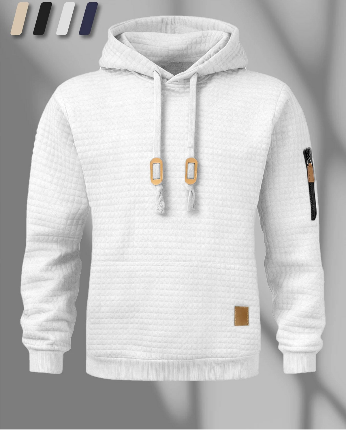 Men's waffle knit pullover hoodie in white, front view