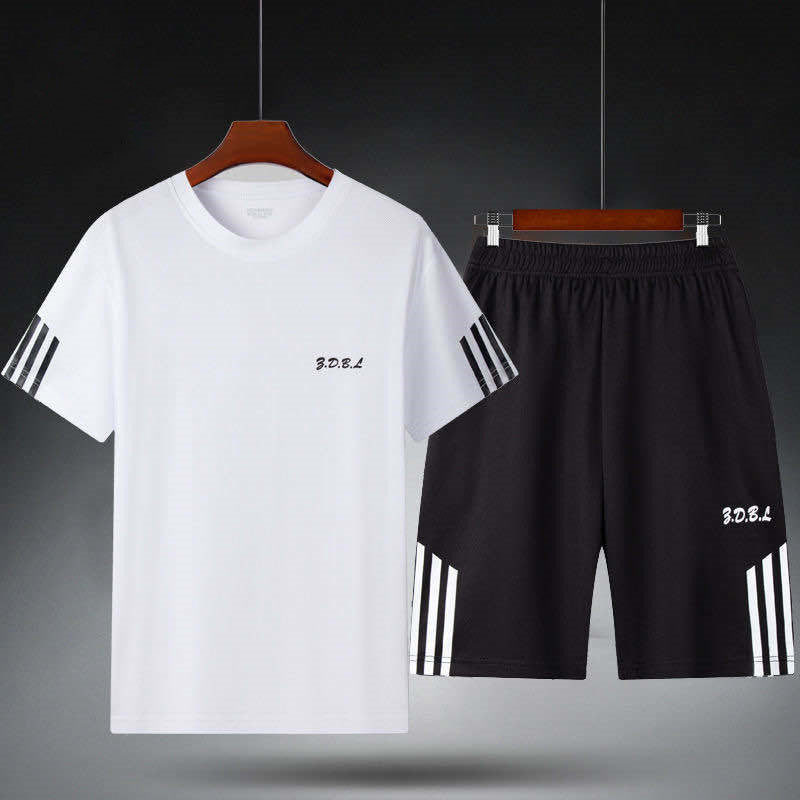 Men's white sports tracksuit - short sleeve t-shirt and shorts set on hanger