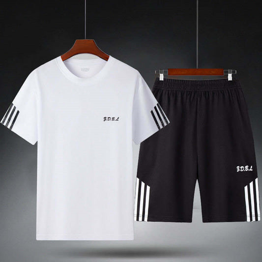 Men's white sports tracksuit - short sleeve t-shirt and shorts set on hanger