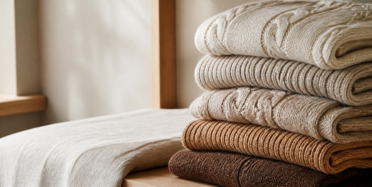 Stack of folded knit sweaters in cream, sand, camel and chocolate