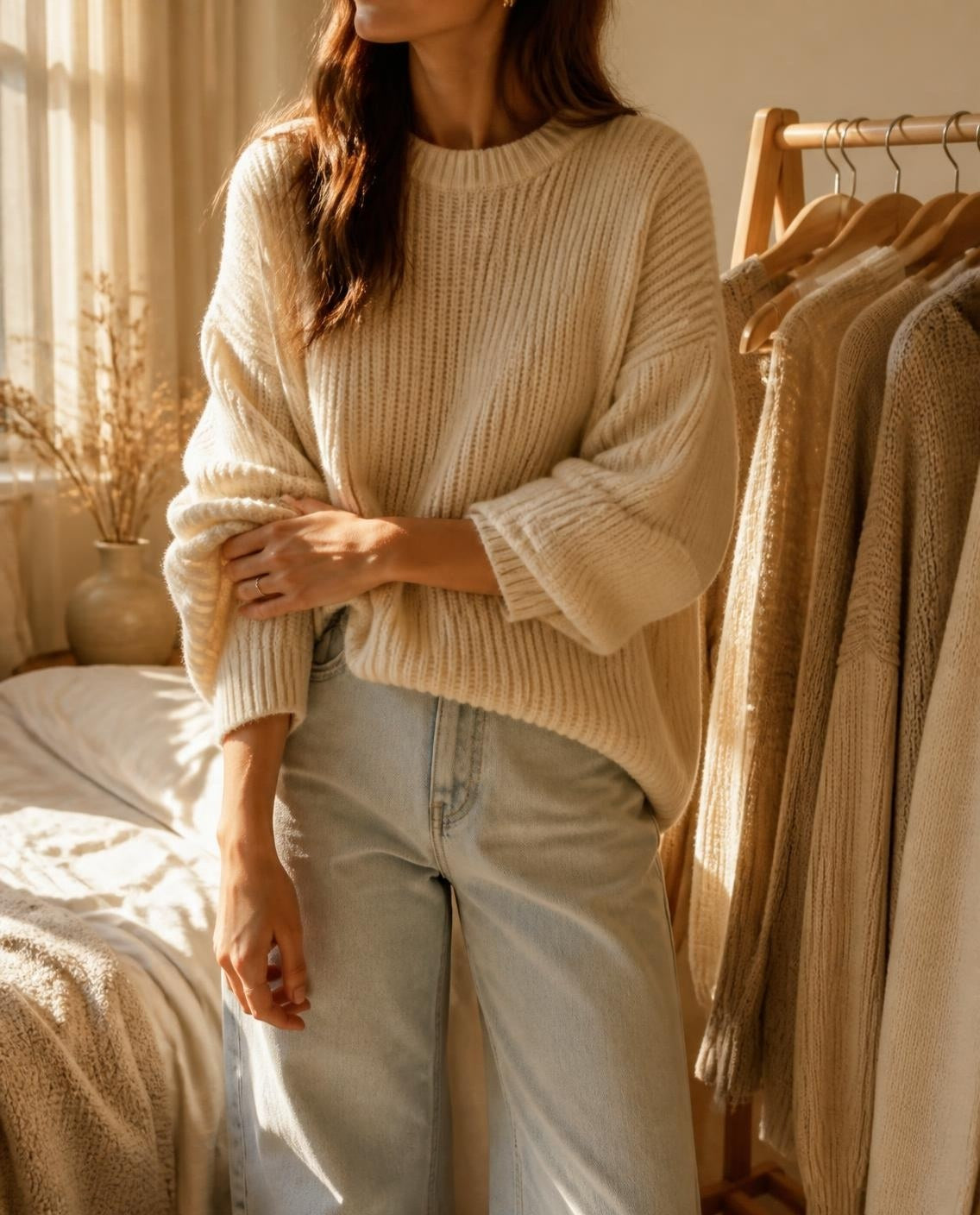 Woman wearing a cream ribbed knit sweater with light jeans