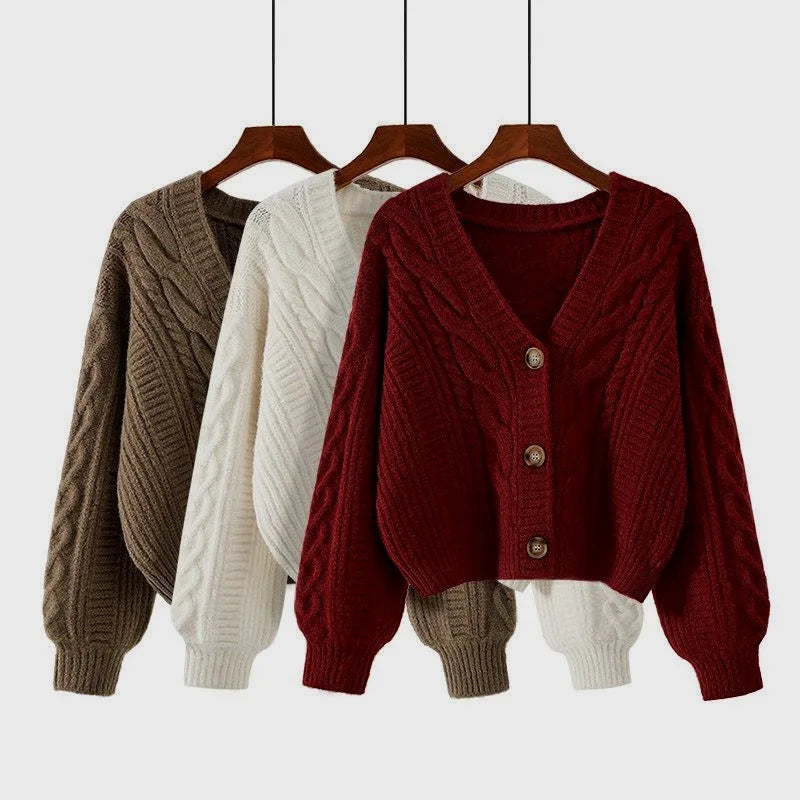 Women's chunky knit button-up cardigan in brown, white, and red on hangers