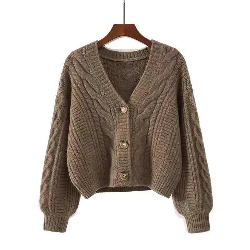 Women's chunky knit button-up cardigan, brown, front view