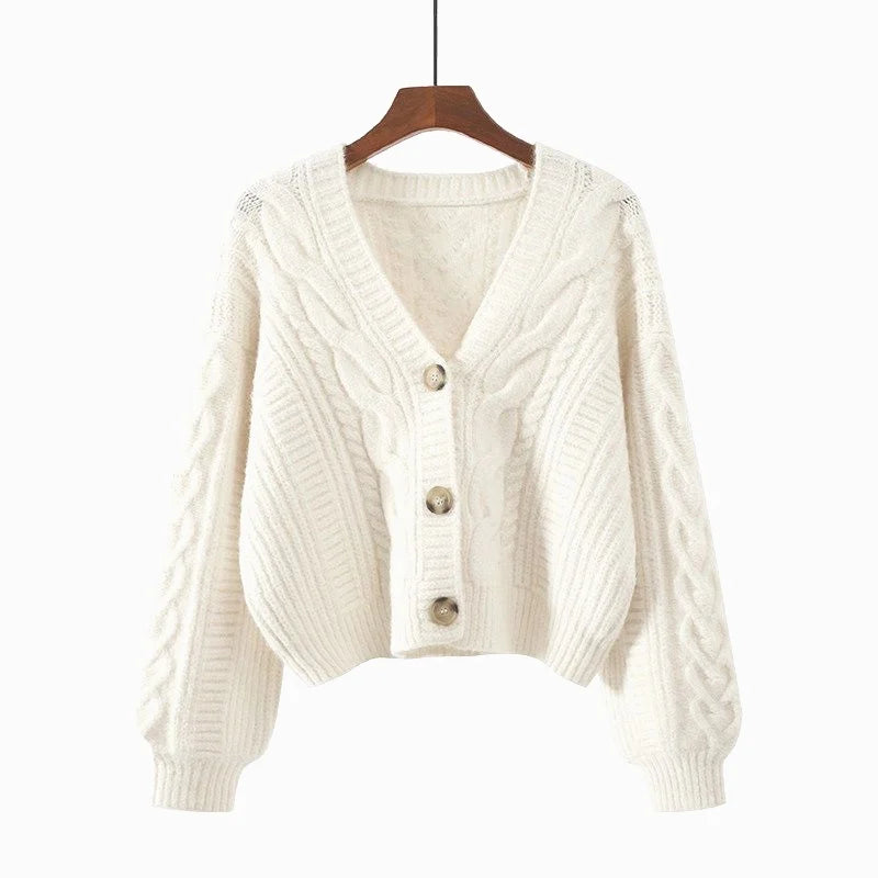 Women's chunky knit button-up cardigan, cream, front view
