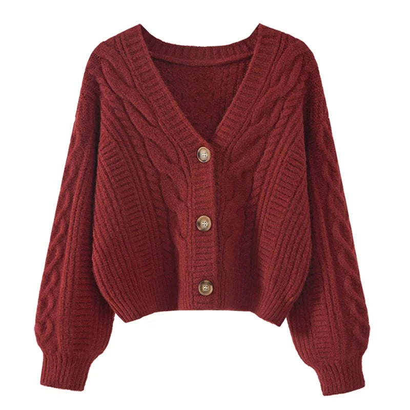 Women's chunky knit button-up cardigan, red, close-up detail