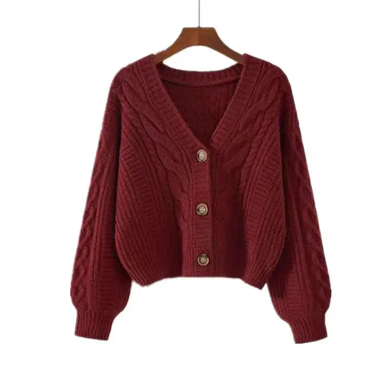 Women's chunky knit button-up cardigan, red, front view