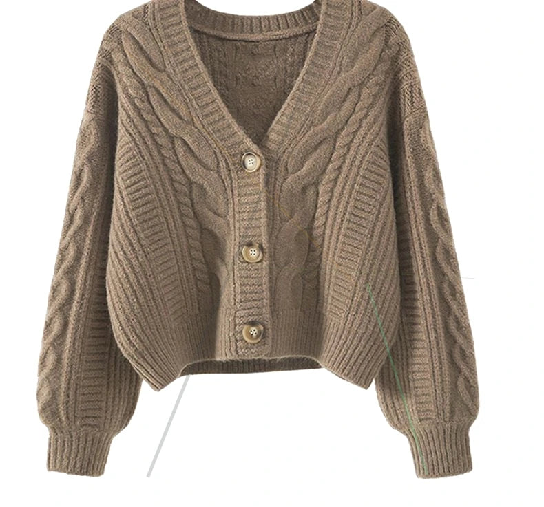 Women's chunky knit button-up cardigan, close-up of knit texture and buttons