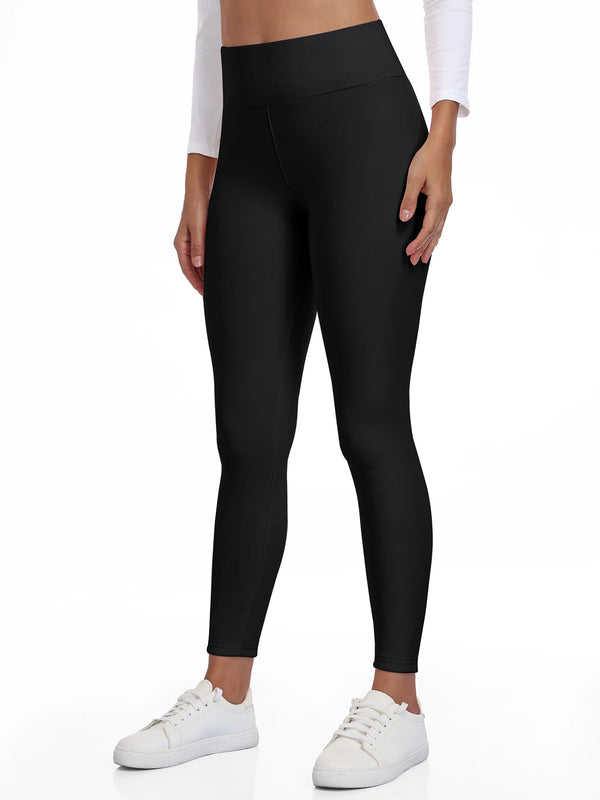 Women's fleece lined leggings in black, front view with high elastic waist