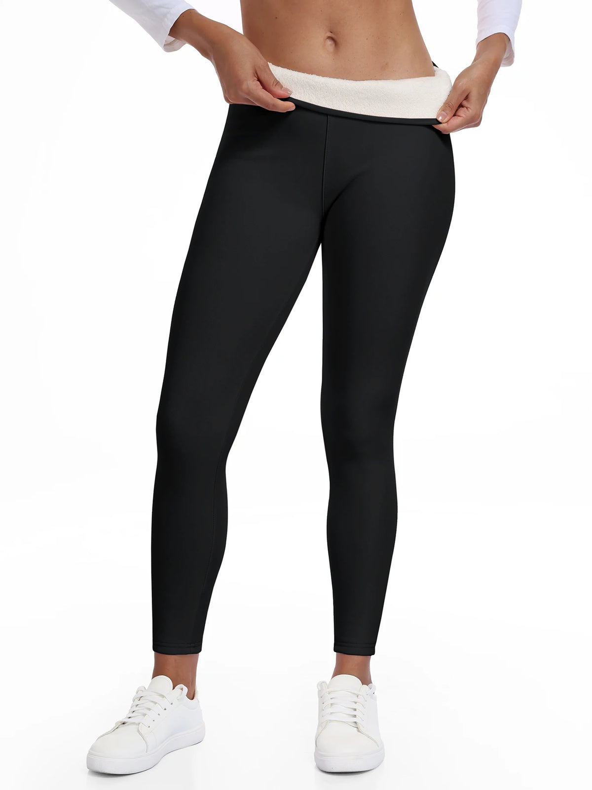 Legging femme doublé polaire, noir, ceinture repliée pour montrer la doublure en polaire